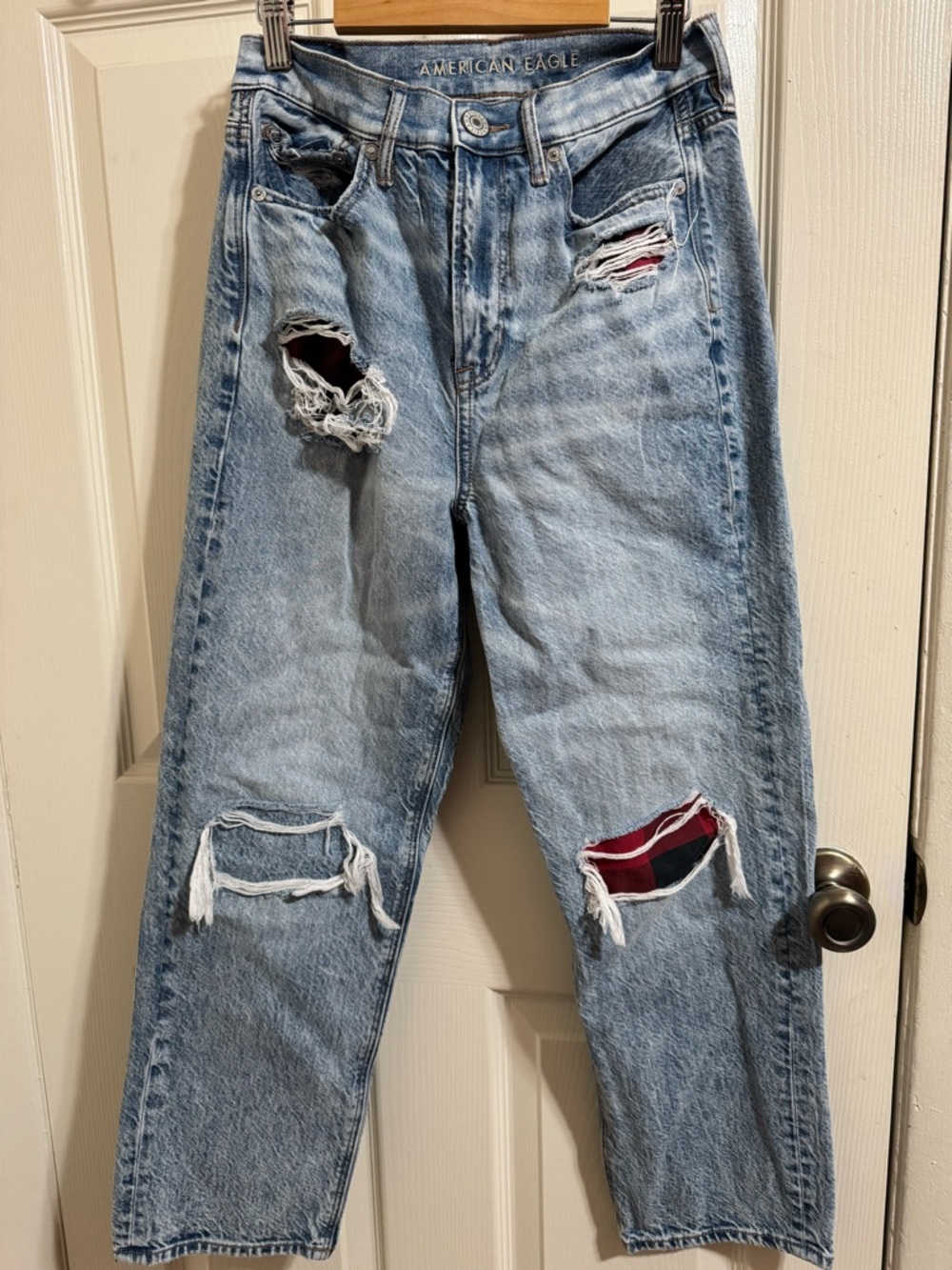 American Eagle Outfitters Light Blue Distressed with Red Plaid Jeans
